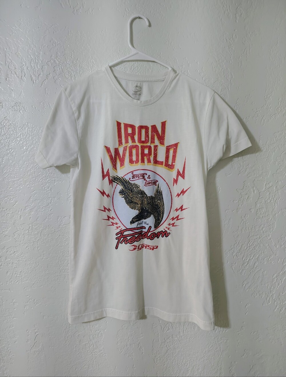GASP Iron World Freedom Eagle Graphic Tee - White with Red & Gold Print